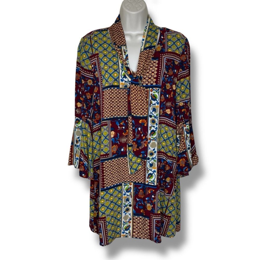 Entro Patchwork Tie Neck Ruffle Bell Sleeve Lined Shift Dress Women Medium Boho